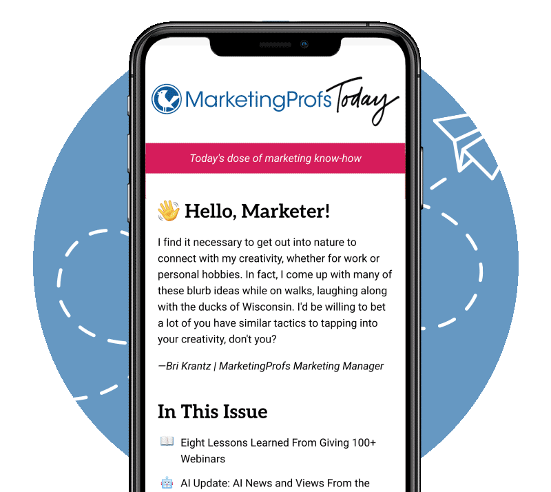 Animation of a phone with the MarketingProfs Today newsletter being scrolled through