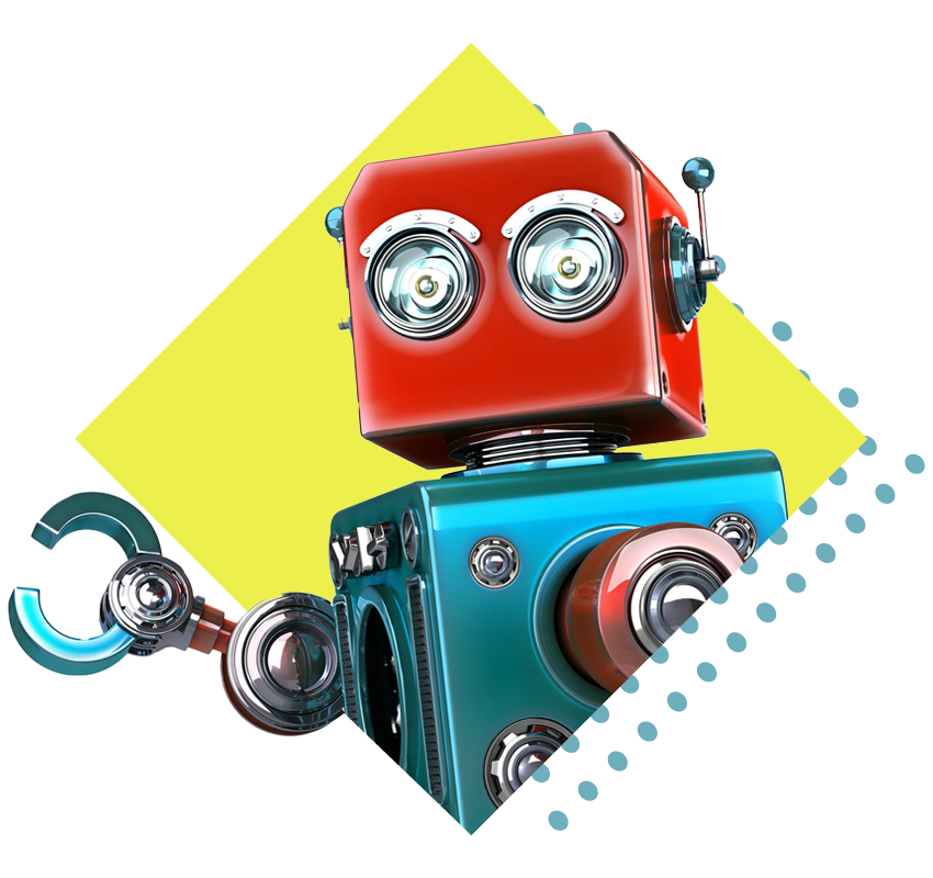Red and blue robot looking and waving towards viewer